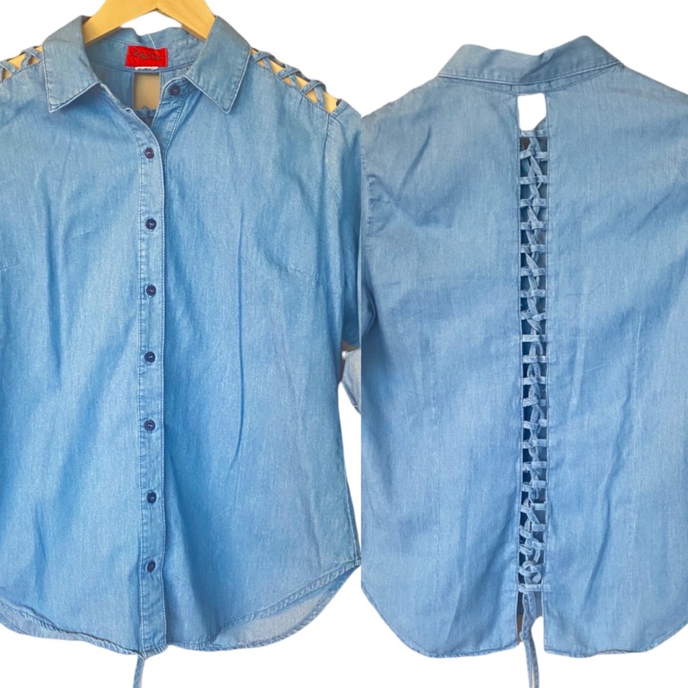 Red Tulip Chambray Denim Lace Up Back Cutout Shirt Small